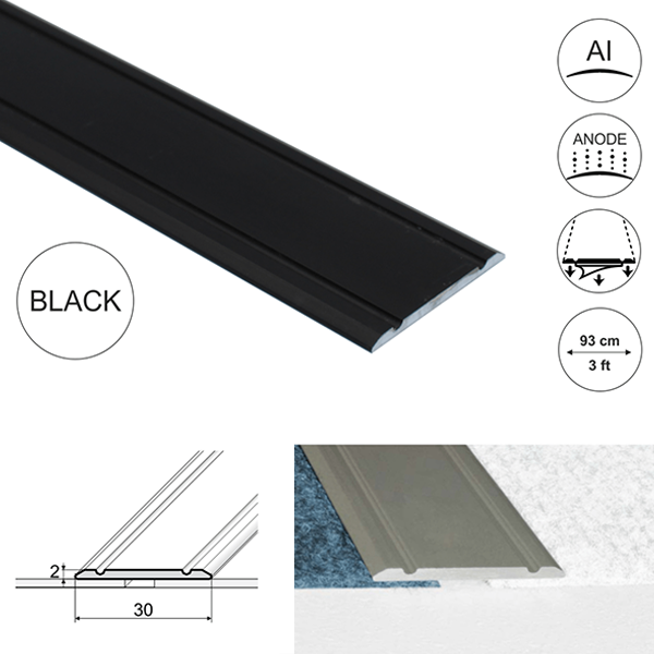 30mm Wide Aluminium Flat Door Threshold  Screw fix For Wooden, Laminate, Carpet Vinyl Flooring
