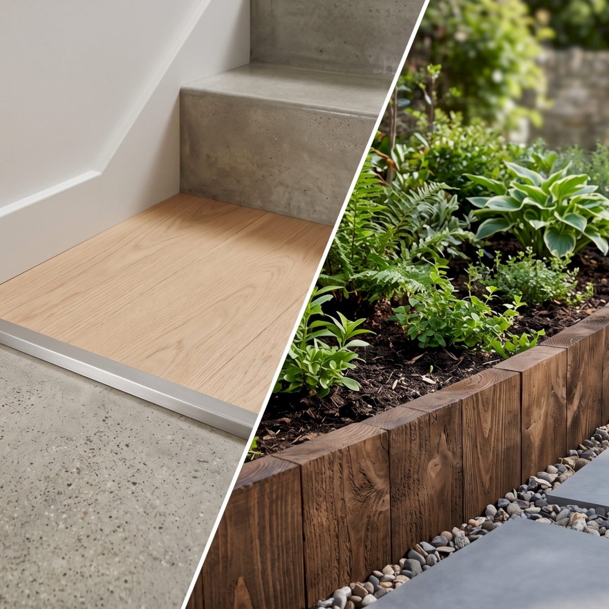 Slim flat bar trim and wooden timber edging profiles for flooring and garden finishing