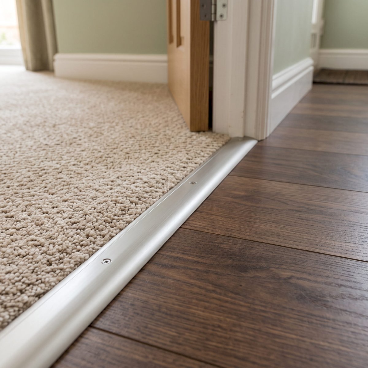 Carpet cover threshold strip covering the join between carpet and laminate