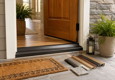 Door threshold fitted between two flooring types for a smooth home transition