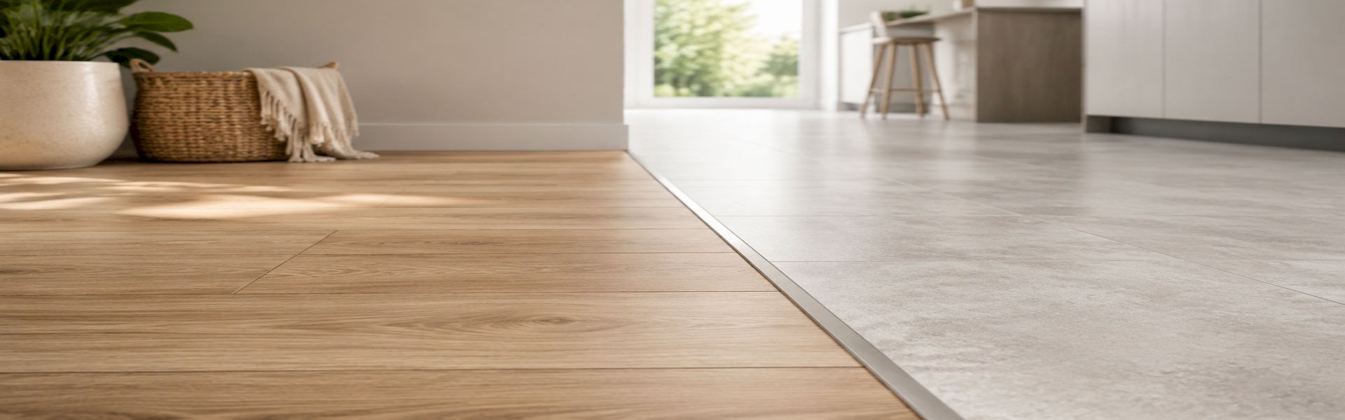 Metal floor transition strip between wood planks and tile.