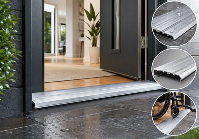 Aluminium door thresholds improving floor transition and safety