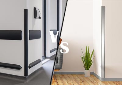 Side-by-side comparison of plastic and metal wall corner protectors on walls